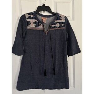 Flying Tomato Women's Embroidered Denim Blue V Neck Top Size Small Boho Hippie